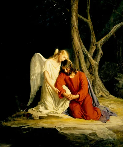 An angel comforting Jesus before his arrest in the Garden of Gethsemane by Carl Bloch