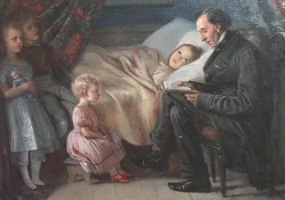 H C. Andersen reads the story "The Angel" for the children of the painter by Elisabeth Jerichau-Baumann
