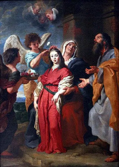 Adolescent Virgin decorated by Angels in the presence of Joachim and Saint Anne by Gaspar de Crayer
