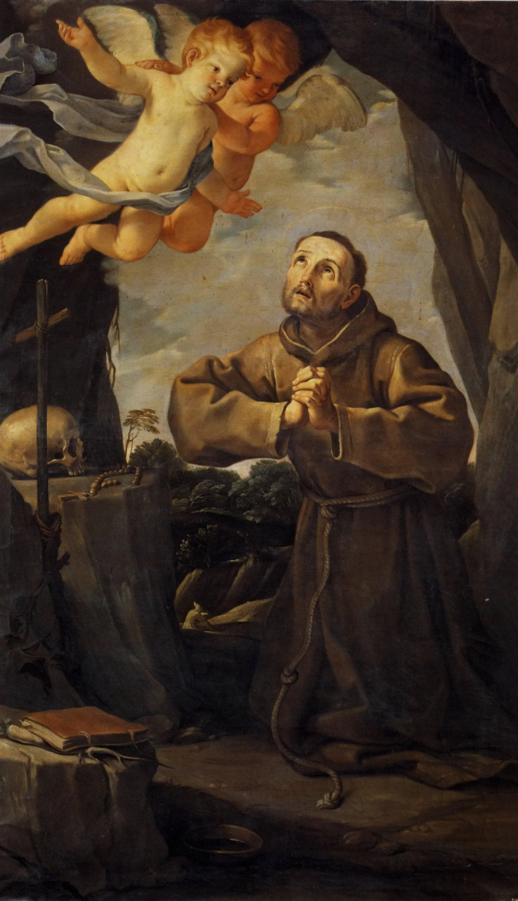 St Francis in prayer with Two Angels — hand-painted oil reproduction