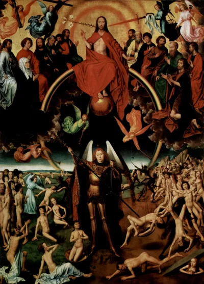 The Last Judgment triptych, central panel, Maiestas Domini with Archangel Michael weighing the souls by Hans Memling