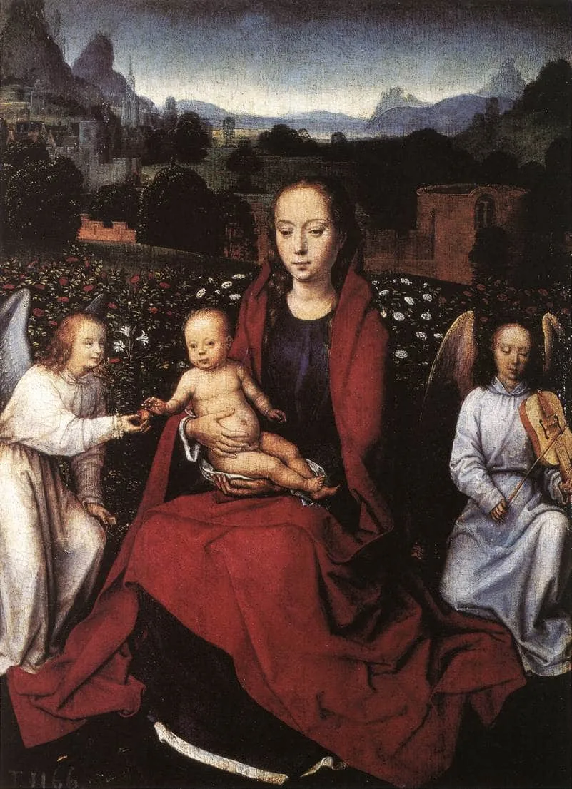 Virgin and Child in a Rose Garden with Two Angels — hand-painted oil reproduction