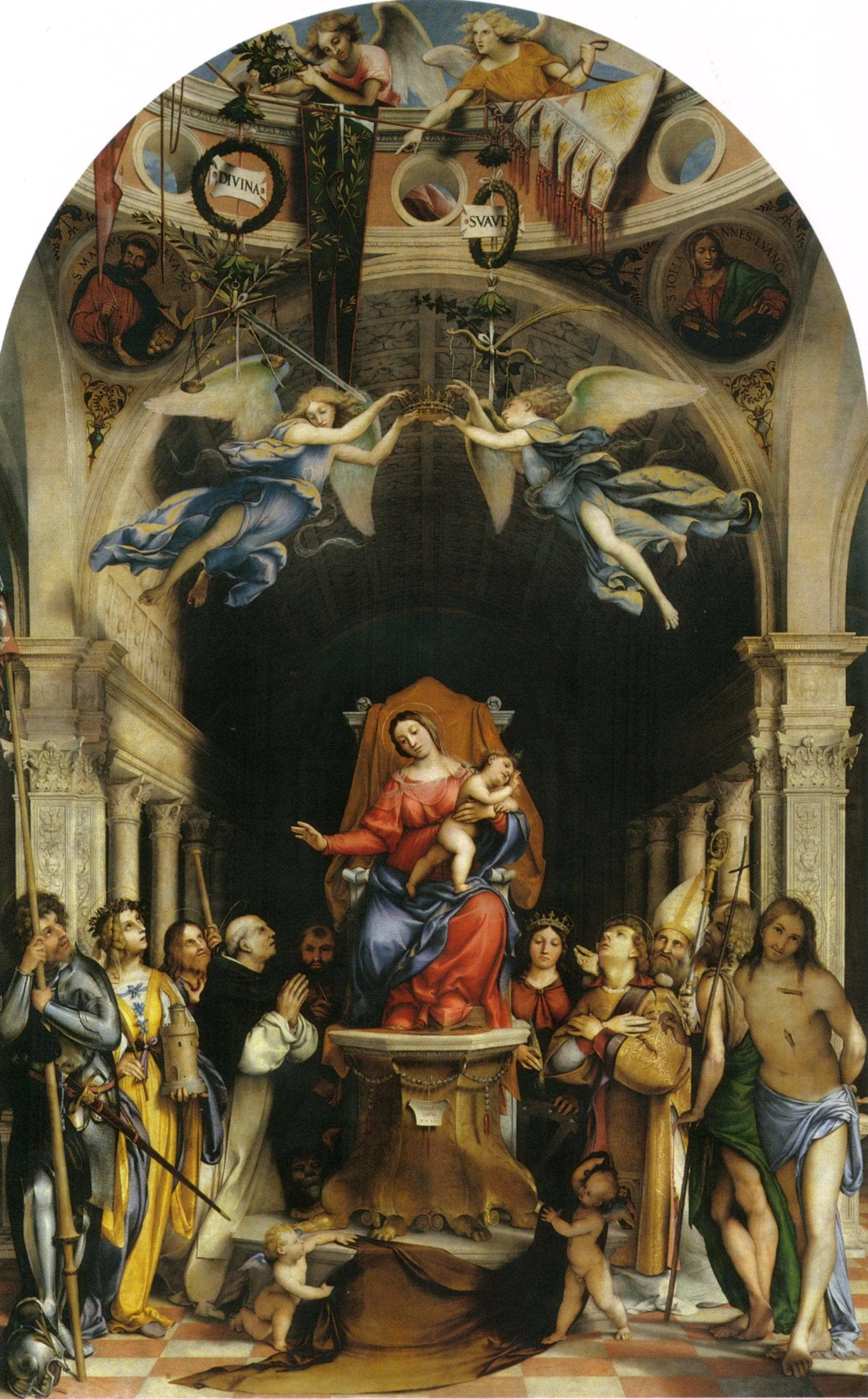Altar polyptych of San Bartolomeo, Bergamo, main panel: Enthroned Madonna with Angels and Saints - Alexander of Bergamo, Barbara, Roch, Dominic — hand-painted oil reproduction