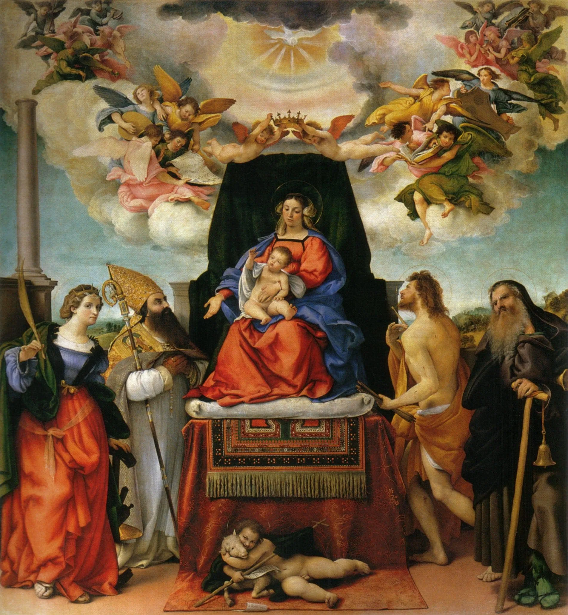 Enthroned Madonna with Angels and Saints, St. Catherine of Alexandria and St. Augustine on the left,  St. Sebastian and St. Anthony the Abbot on the right — hand-painted oil reproduction