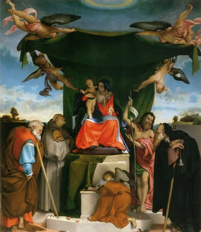 Enthroned Madonna with Angels and Saints, St. Joseph and St. Bernard on the left,  St. John the Baptist and St. Anthony the Abbot on the right by Lorenzo Lotto