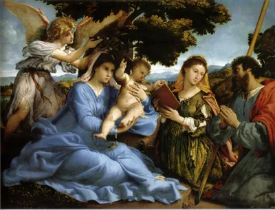 Madonna and St. Catherine of Alexandria, St. James the Greater and an angel by Lorenzo Lotto