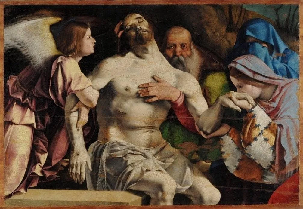 Altar of Recanati polyptych, crowning the main board: Angel Pietà — hand-painted oil reproduction