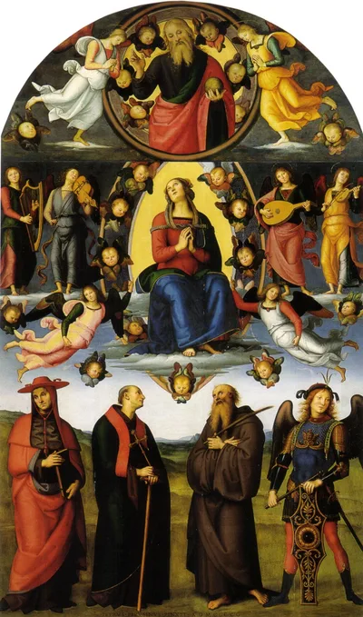 The Virgin enthroned, with angels and saints, Vallombrosa Alterpiece by Pietro Perugino